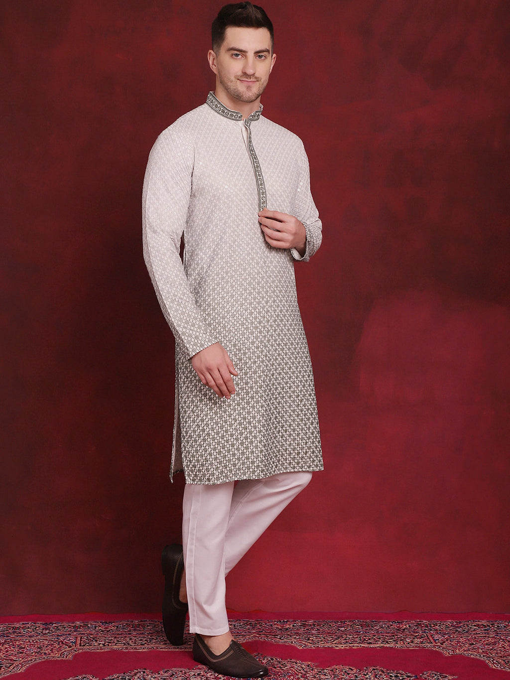 Jompers Men's Sequins Embroidered Kurta - Pista