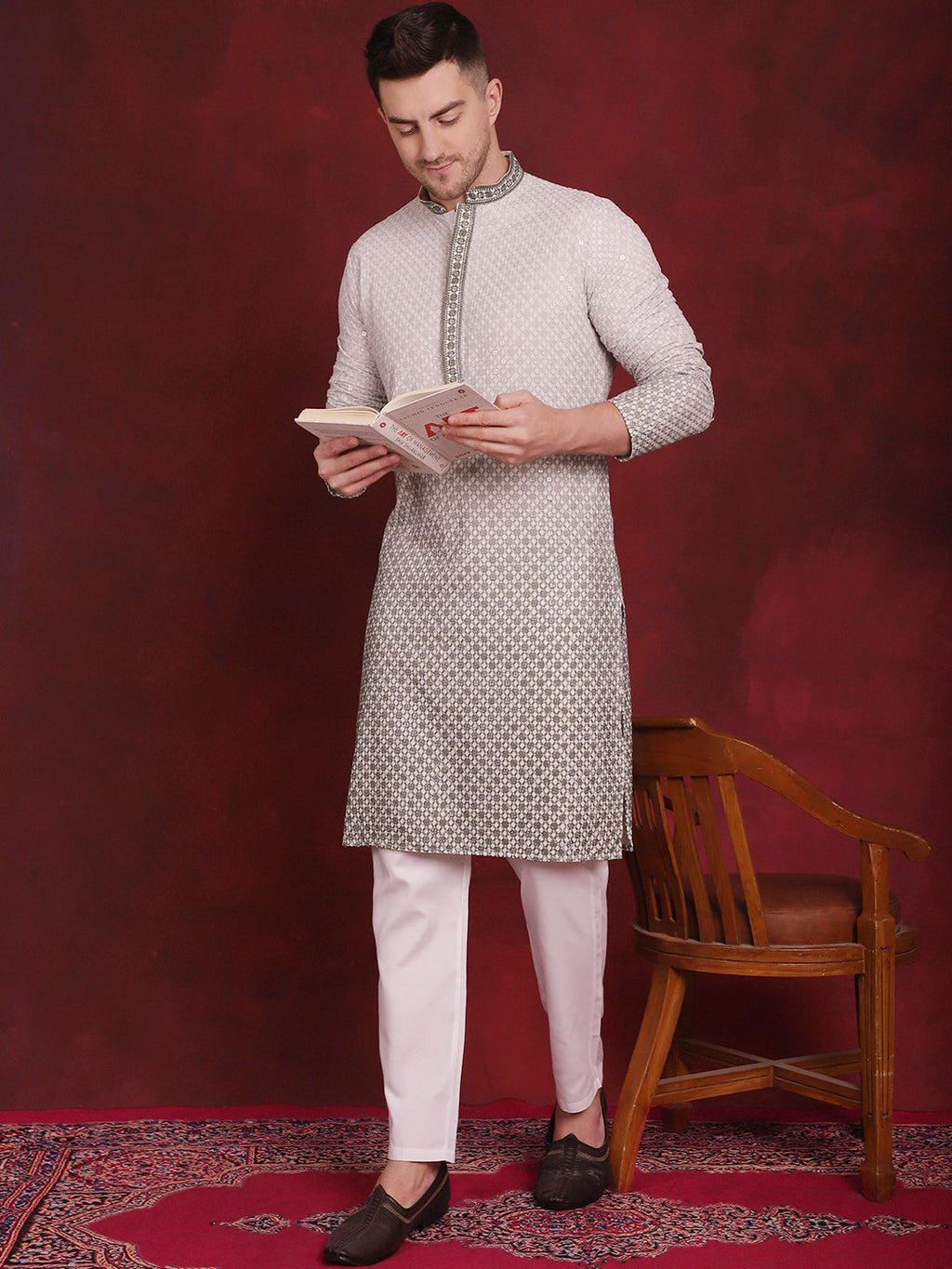 Jompers Men's Sequins Embroidered Kurta - Pista