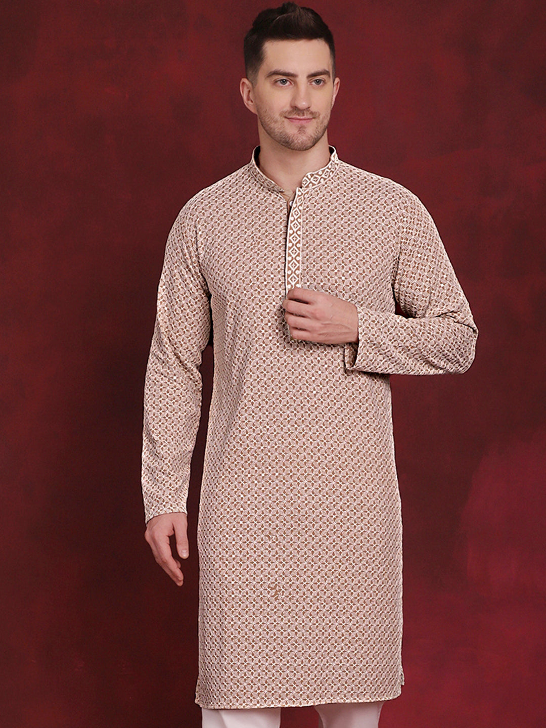 Jompers Men's Sequin Embroidered Pure Cotton Kurta - Beige