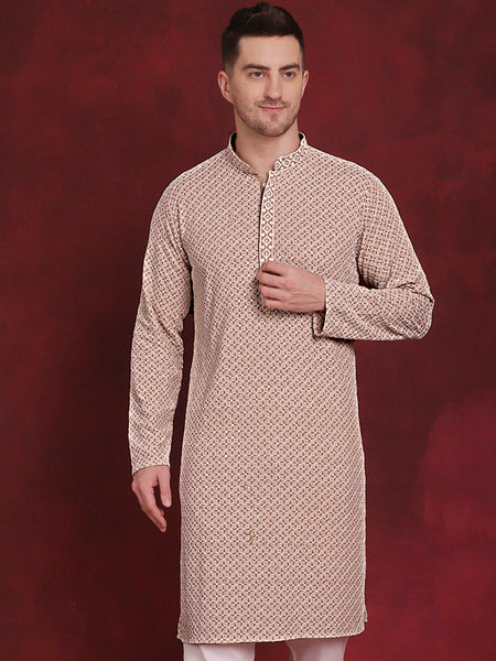 Jompers Men's Sequin Embroidered Pure Cotton Kurta - Beige