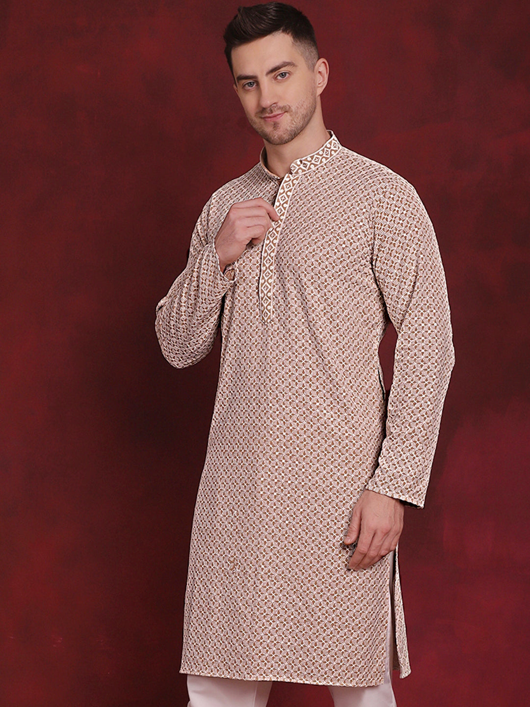 Jompers Men's Sequin Embroidered Pure Cotton Kurta - Beige
