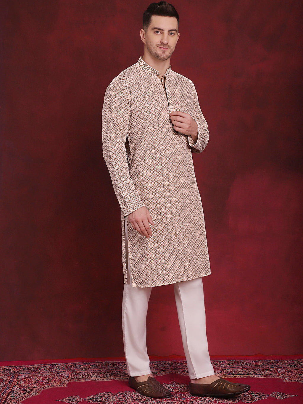 Jompers Men's Sequin Embroidered Pure Cotton Kurta - Beige