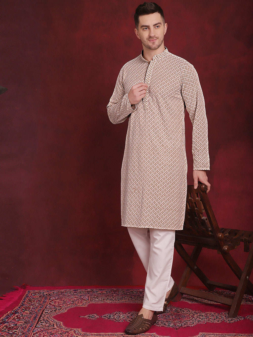 Jompers Men's Sequin Embroidered Pure Cotton Kurta - Beige