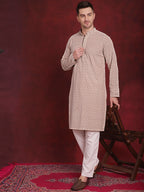 Jompers Men's Sequin Embroidered Pure Cotton Kurta - Beige