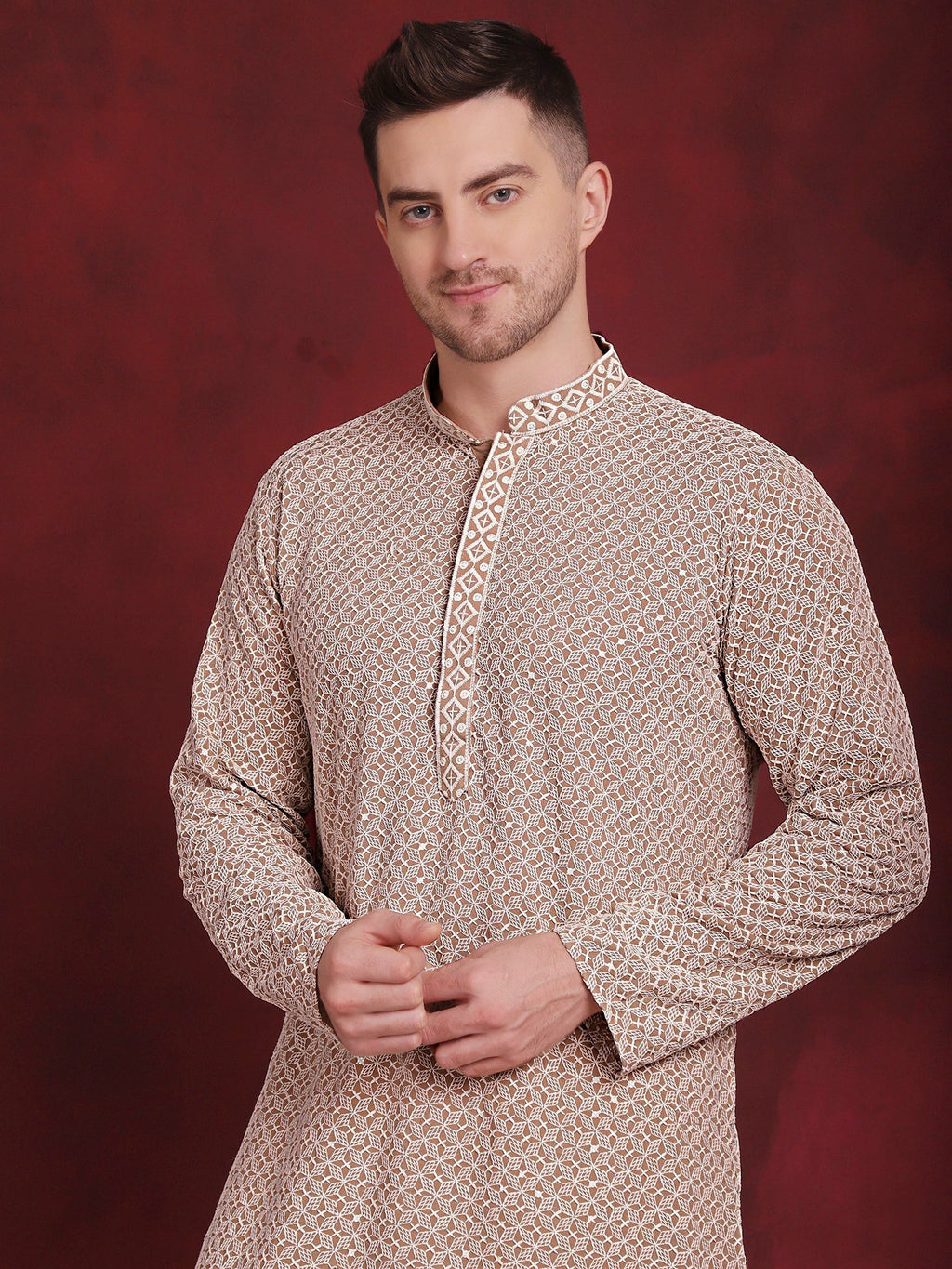 Jompers Men's Sequin Embroidered Pure Cotton Kurta - Beige