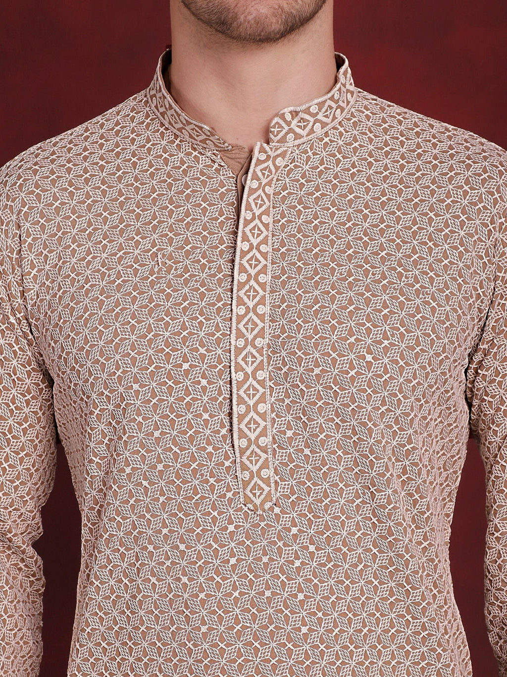 Jompers Men's Sequin Embroidered Pure Cotton Kurta - Beige