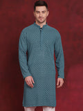 Jompers Men's Sequin Embroidered Pure Cotton Kurta - Blue
