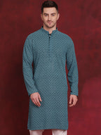 Jompers Men's Sequin Embroidered Pure Cotton Kurta - Blue