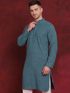 Jompers Men's Sequin Embroidered Pure Cotton Kurta - Blue