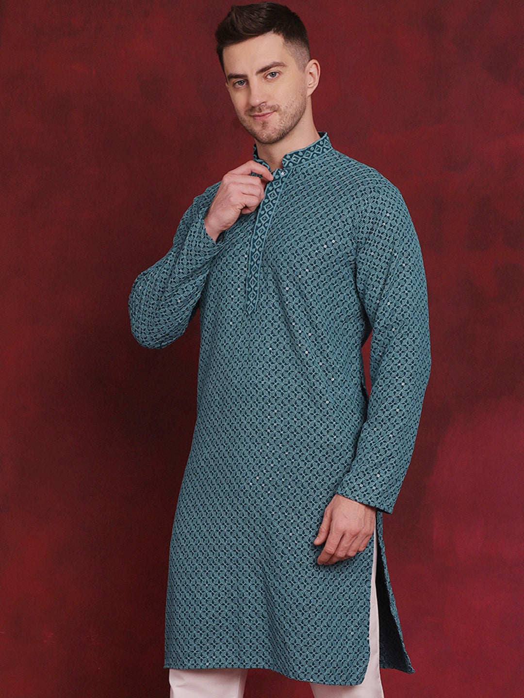Jompers Men's Sequin Embroidered Pure Cotton Kurta - Blue