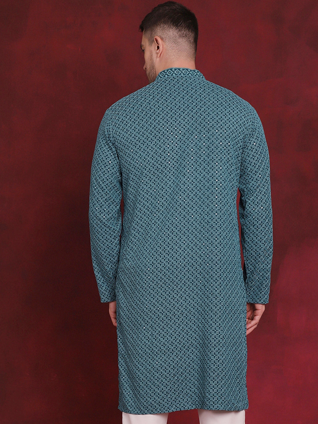 Jompers Men's Sequin Embroidered Pure Cotton Kurta - Blue