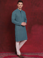 Jompers Men's Sequin Embroidered Pure Cotton Kurta - Blue