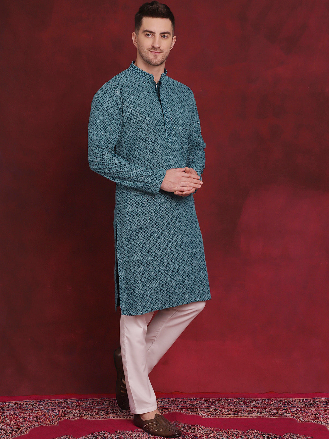Jompers Men's Sequin Embroidered Pure Cotton Kurta - Blue