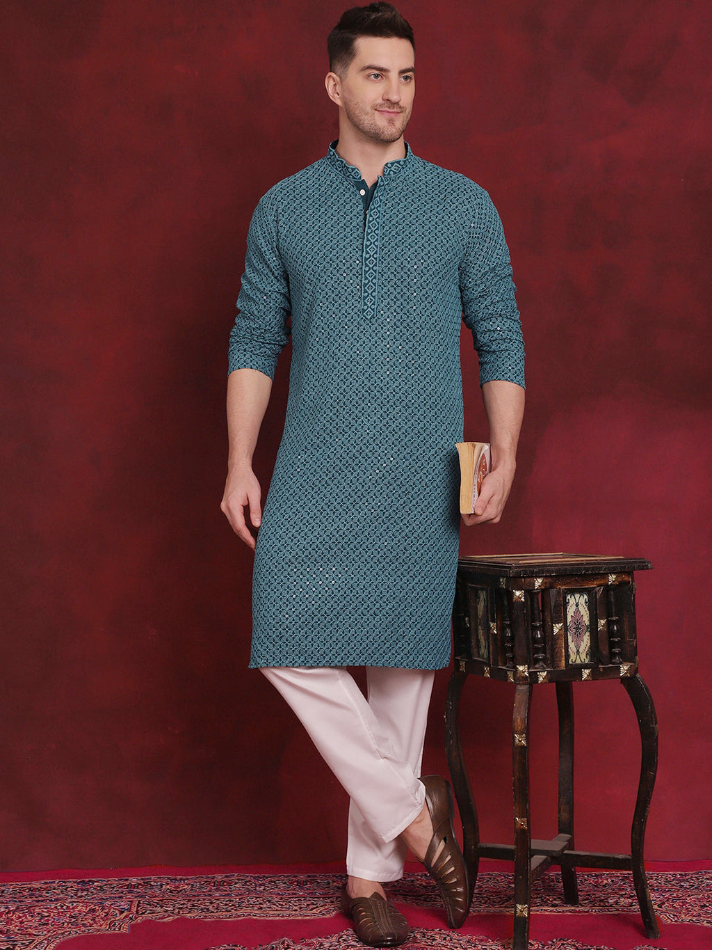 Jompers Men's Sequin Embroidered Pure Cotton Kurta - Blue