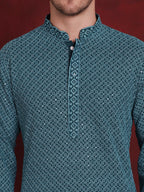 Jompers Men's Sequin Embroidered Pure Cotton Kurta - Blue
