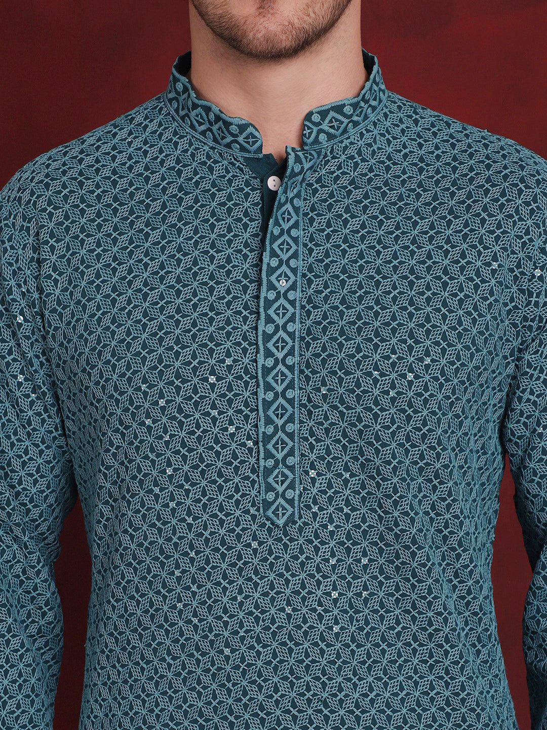 Jompers Men's Sequin Embroidered Pure Cotton Kurta - Blue