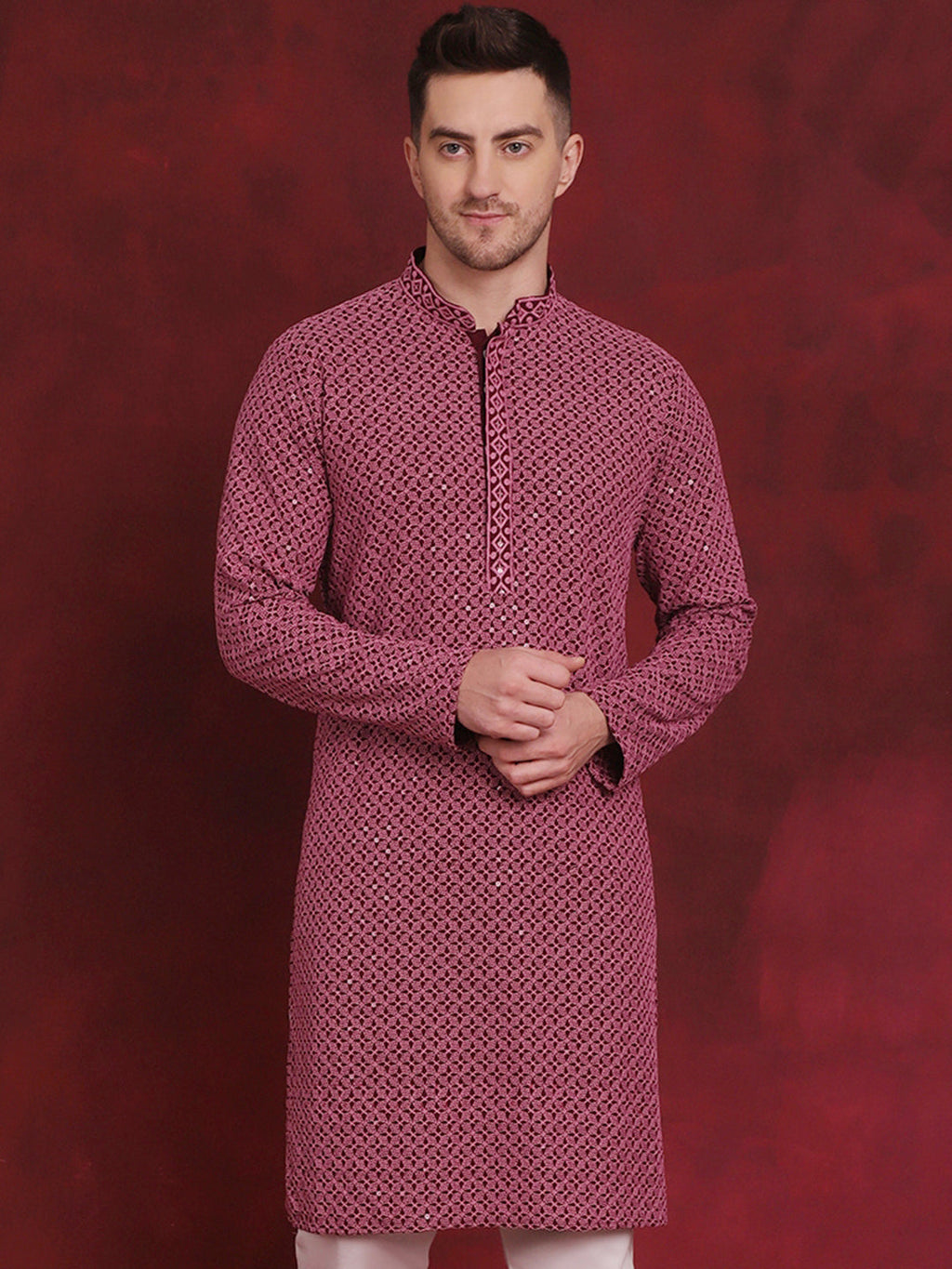 Jompers Men's Sequin Embroidered Pure Cotton Kurta - Magenta