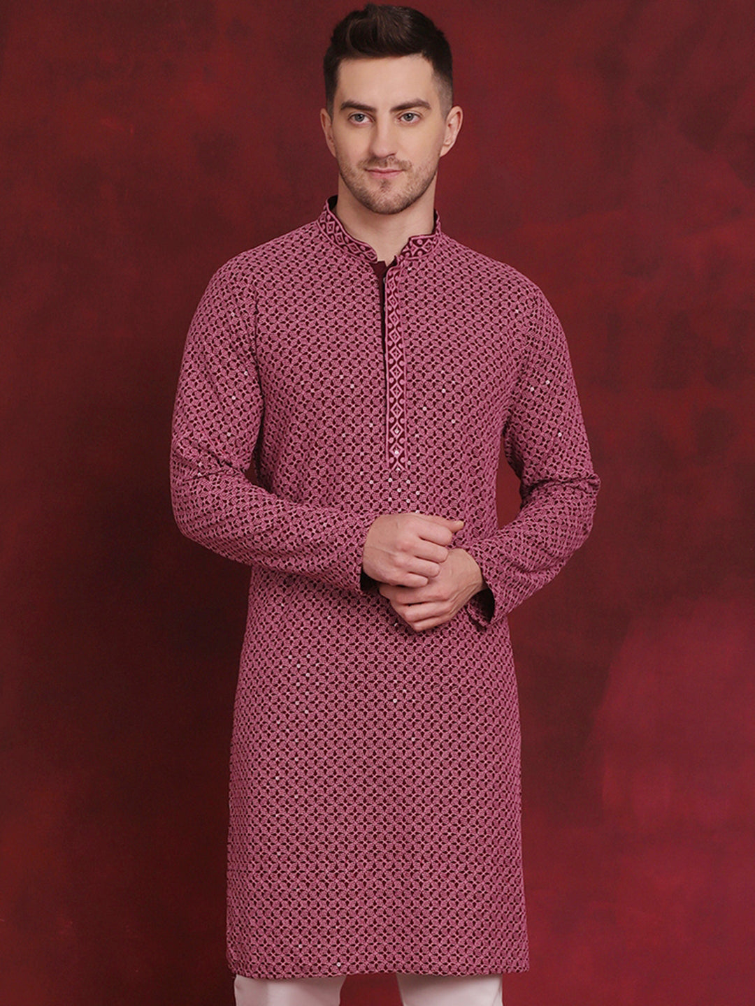 Jompers Men's Sequin Embroidered Pure Cotton Kurta - Magenta