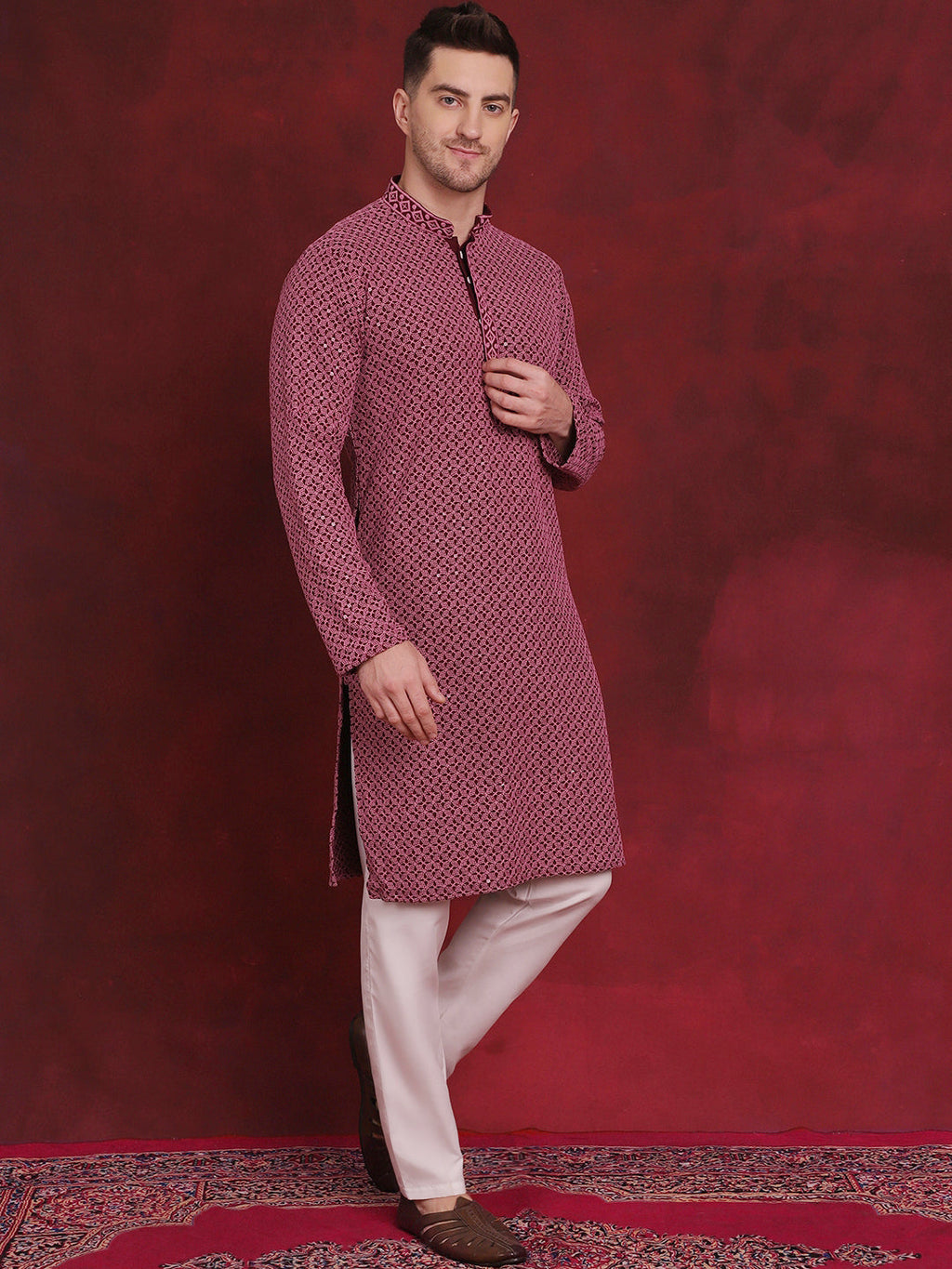 Jompers Men's Sequin Embroidered Pure Cotton Kurta - Magenta