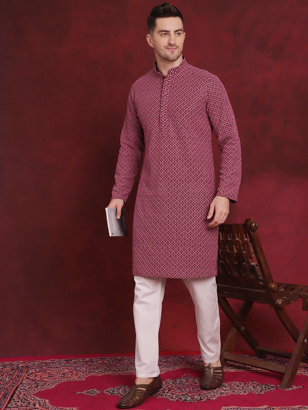 Jompers Men's Sequin Embroidered Pure Cotton Kurta - Magenta