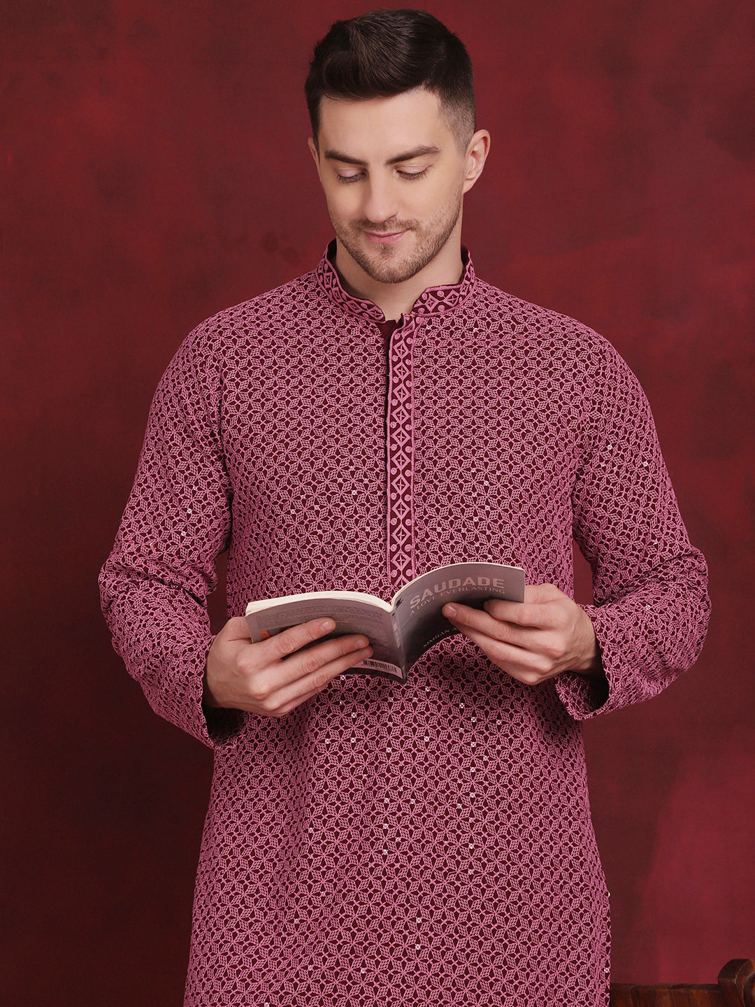 Jompers Men's Sequin Embroidered Pure Cotton Kurta - Magenta