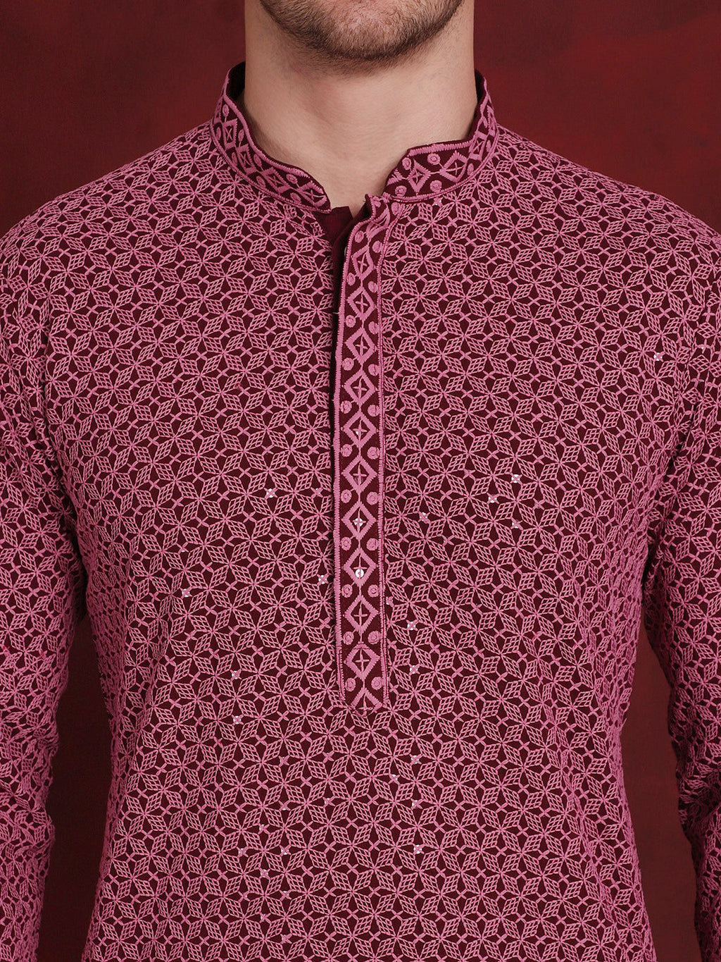 Jompers Men's Sequin Embroidered Pure Cotton Kurta - Magenta