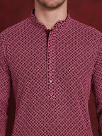 Jompers Men's Sequin Embroidered Pure Cotton Kurta - Magenta