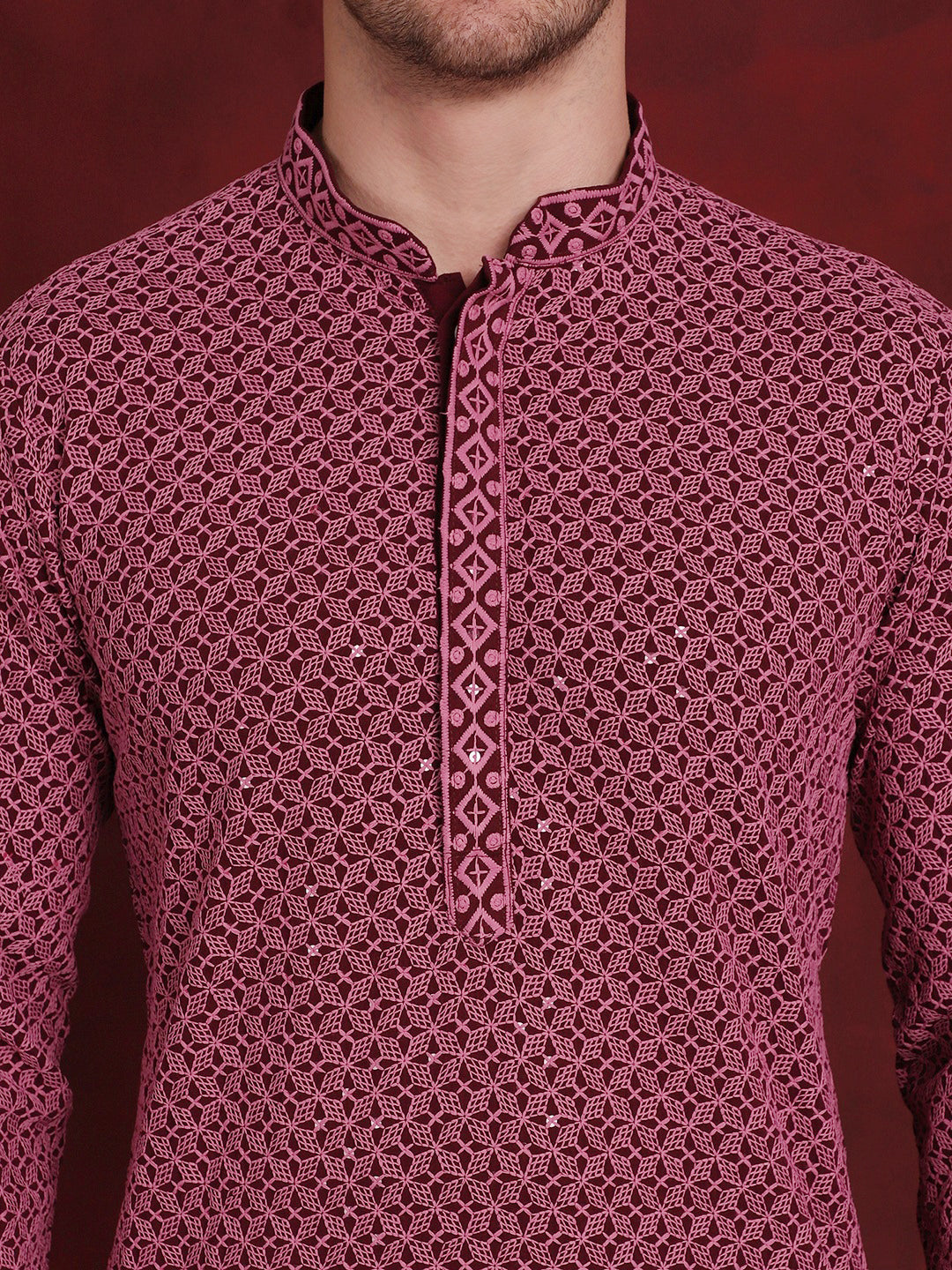 Jompers Men's Sequin Embroidered Pure Cotton Kurta - Magenta