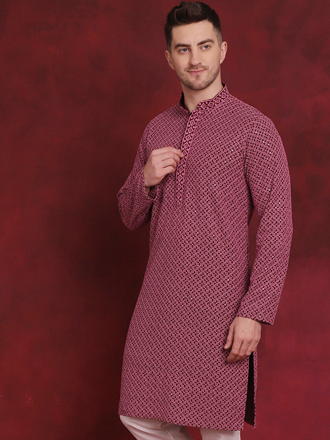 Jompers Men's Sequin Embroidered Pure Cotton Kurta - Magenta