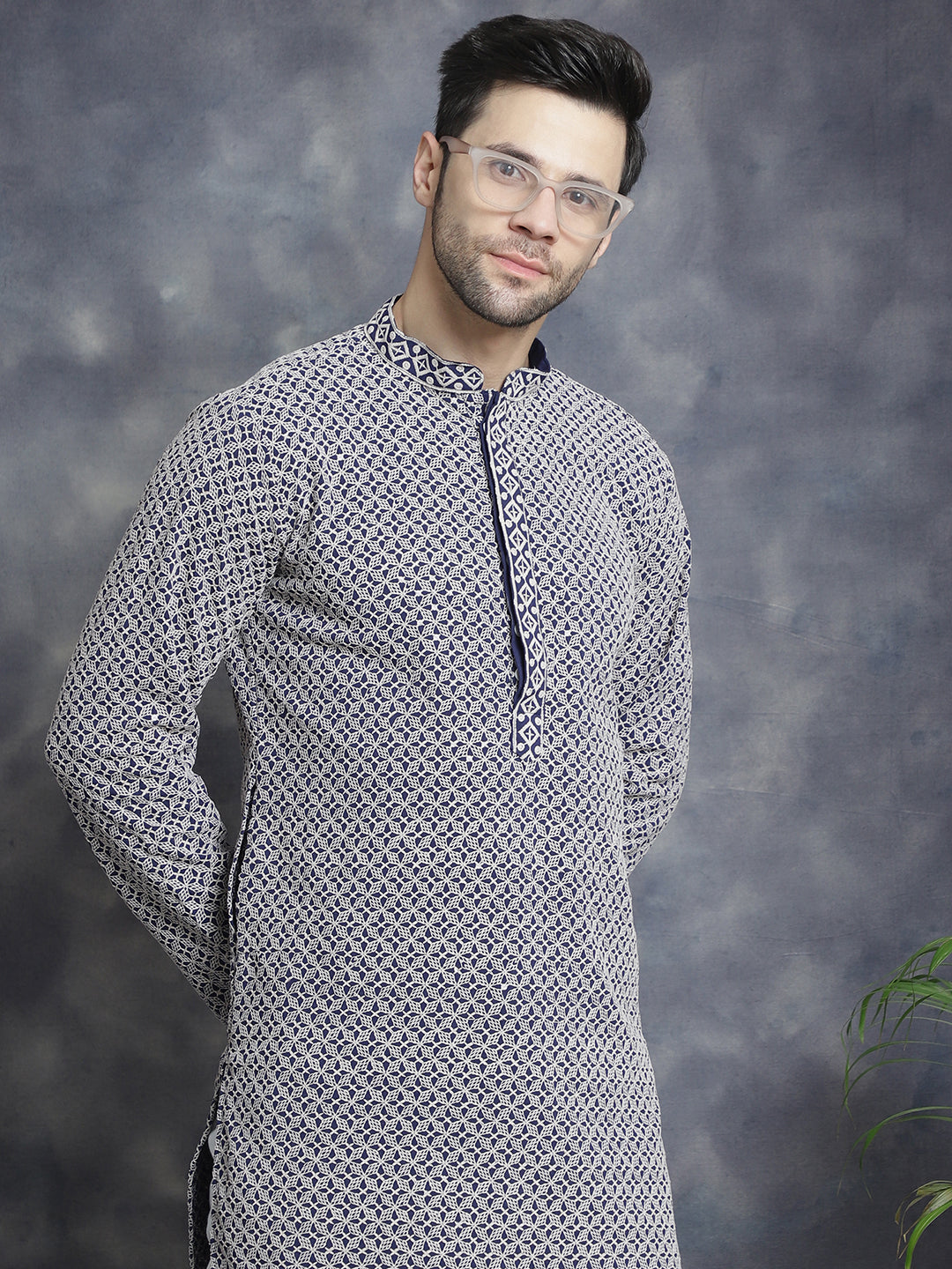 Jompers Men's Sequin Embroidered Pure Cotton Kurta - Navy Blue