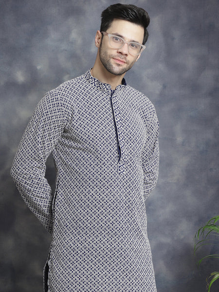 Jompers Men's Sequin Embroidered Pure Cotton Kurta - Navy Blue