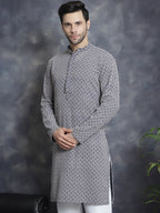Jompers Men's Sequin Embroidered Pure Cotton Kurta - Navy Blue