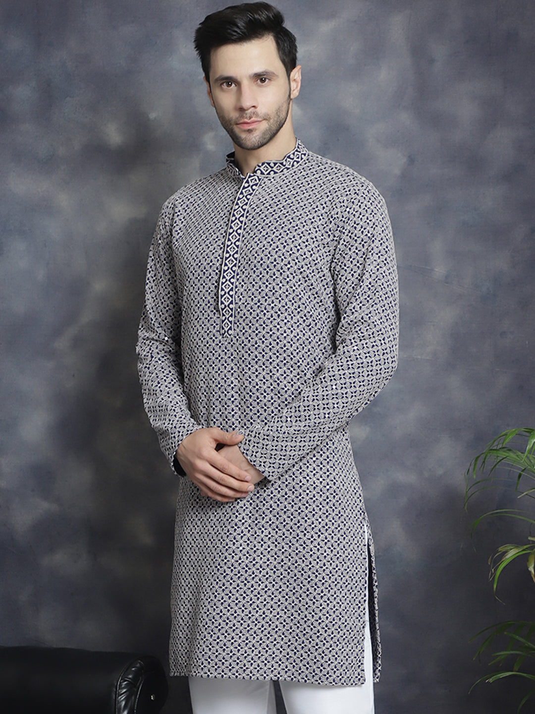 Jompers Men's Sequin Embroidered Pure Cotton Kurta - Navy Blue
