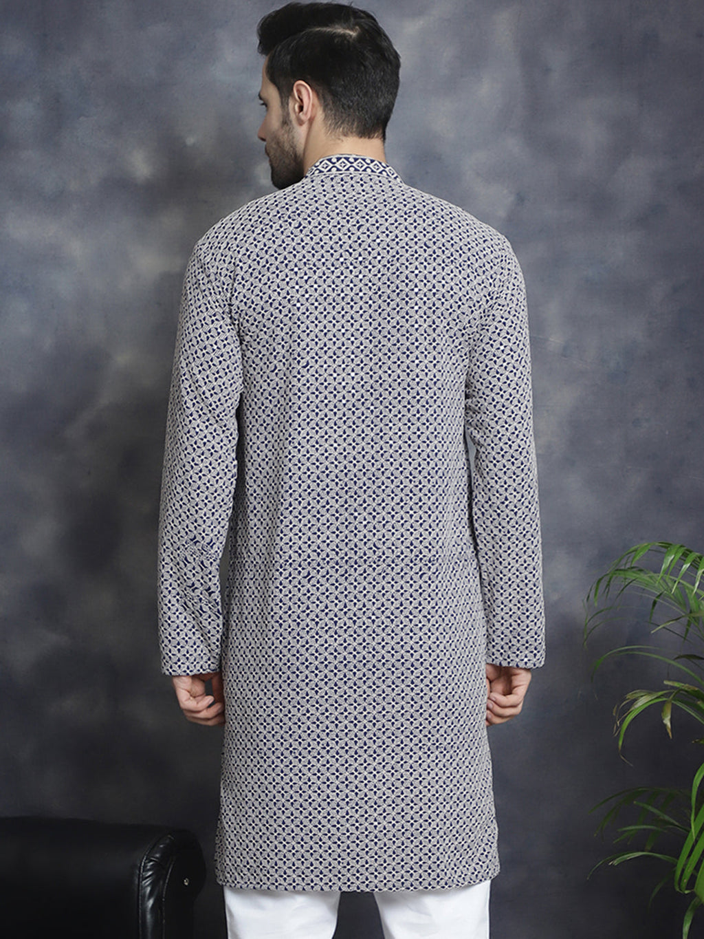 Jompers Men's Sequin Embroidered Pure Cotton Kurta - Navy Blue