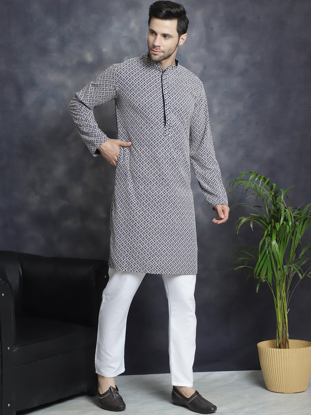 Jompers Men's Sequin Embroidered Pure Cotton Kurta - Navy Blue