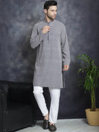 Jompers Men's Sequin Embroidered Pure Cotton Kurta - Navy Blue
