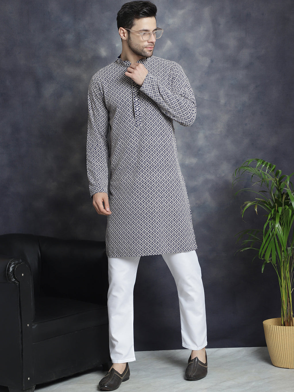 Jompers Men's Sequin Embroidered Pure Cotton Kurta - Navy Blue