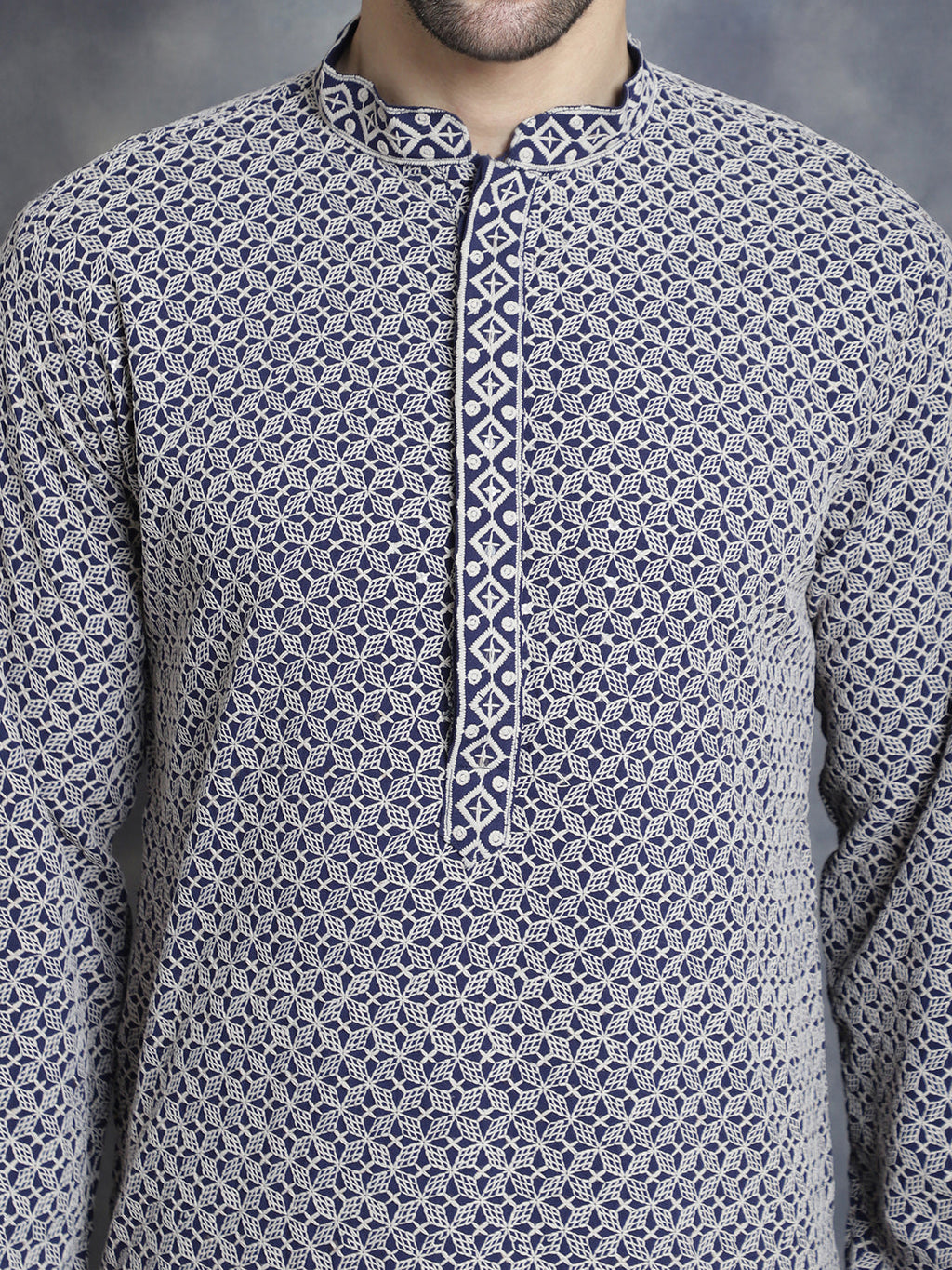 Jompers Men's Sequin Embroidered Pure Cotton Kurta - Navy Blue