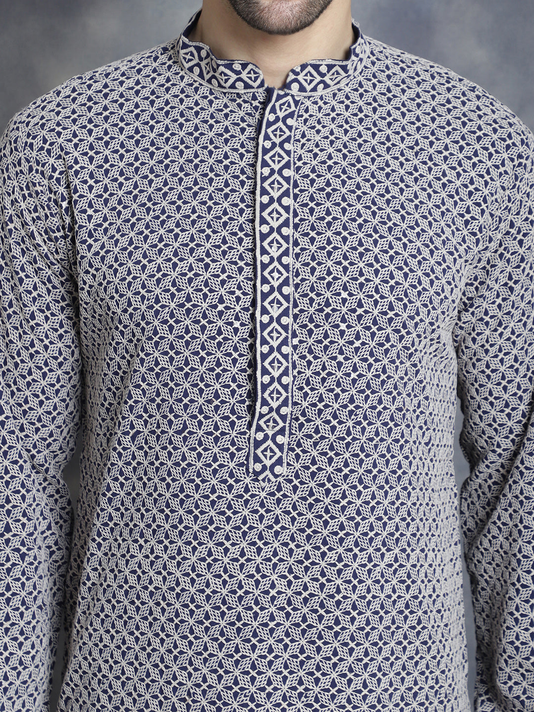 Jompers Men's Sequin Embroidered Pure Cotton Kurta - Navy Blue