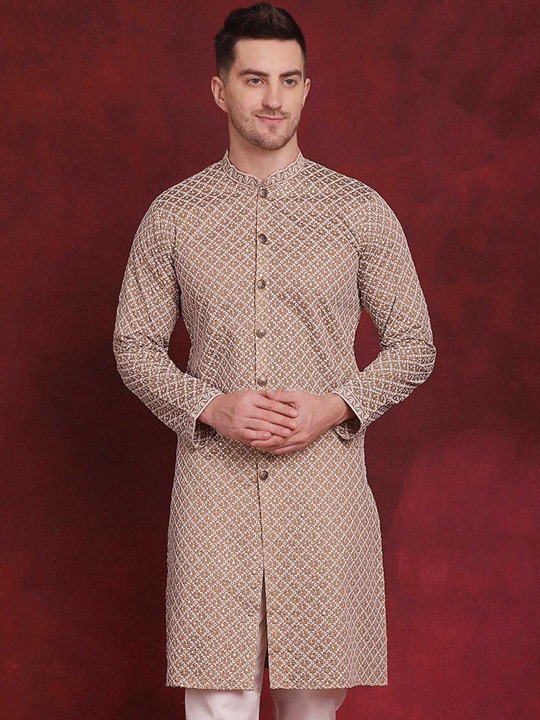Jompers Men's Sequin Chikankari Front Open Kurta - Beige