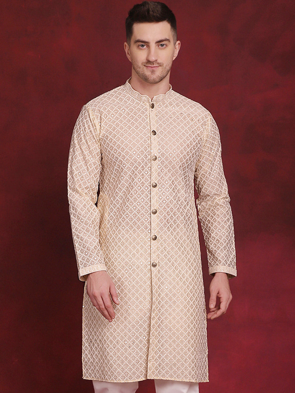 Jompers Men's Sequin Chikankari Front Open Kurta - Golden