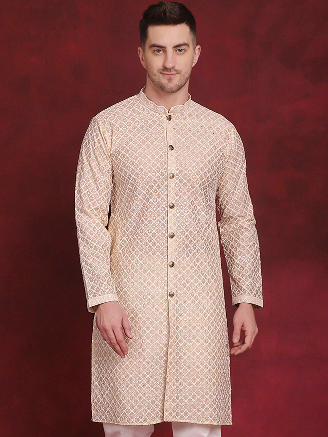 Jompers Men's Sequin Chikankari Front Open Kurta - Golden