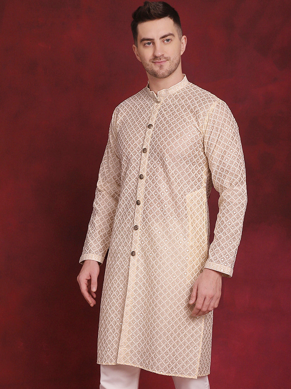 Jompers Men's Sequin Chikankari Front Open Kurta - Golden
