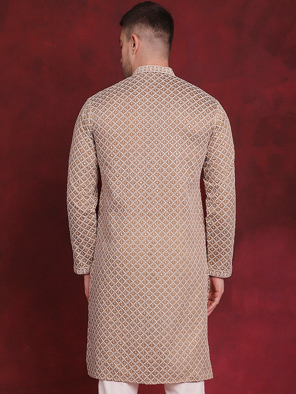 Jompers Men's Sequin Chikankari Front Open Kurta - Beige