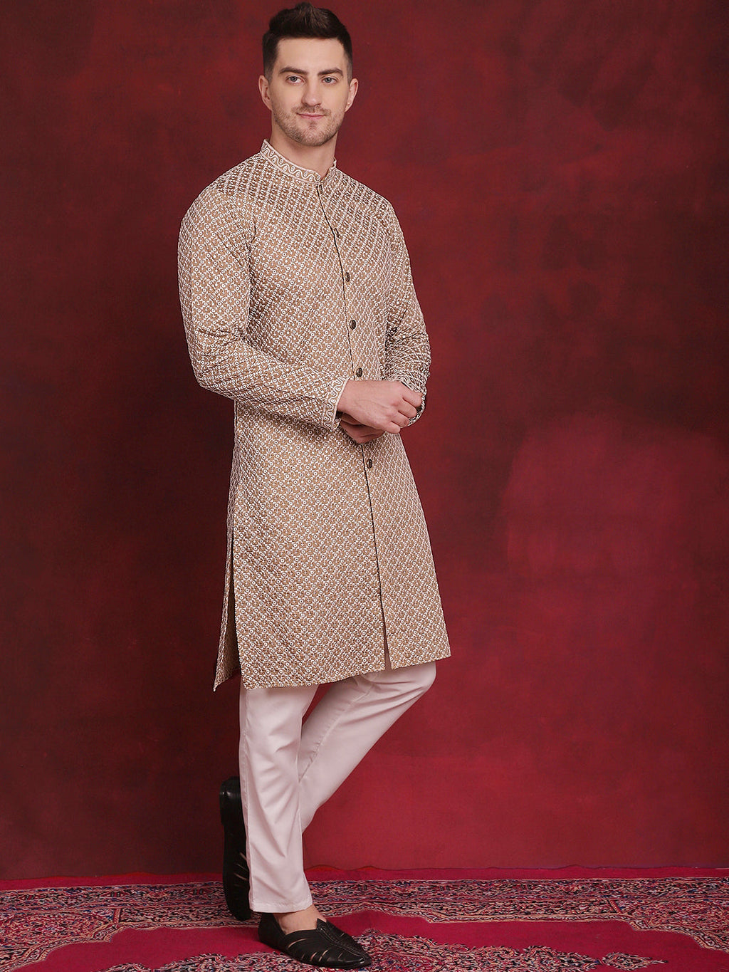 Jompers Men's Sequin Chikankari Front Open Kurta - Beige