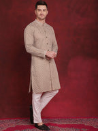 Jompers Men's Sequin Chikankari Front Open Kurta - Beige