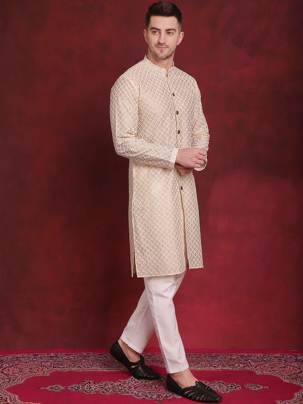 Jompers Men's Sequin Chikankari Front Open Kurta - Golden