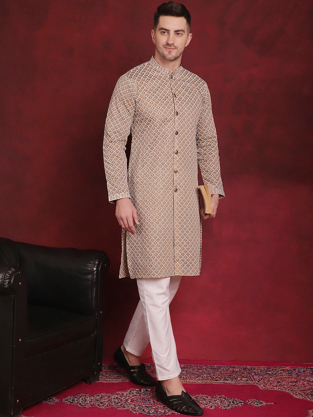 Jompers Men's Sequin Chikankari Front Open Kurta - Beige