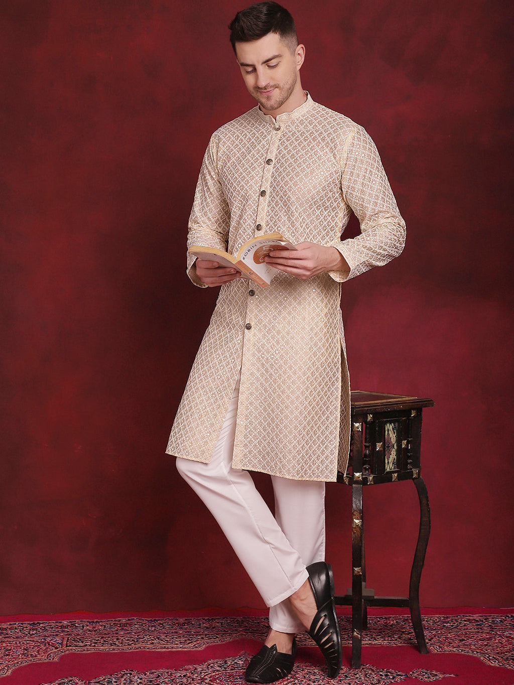 Jompers Men's Sequin Chikankari Front Open Kurta - Golden