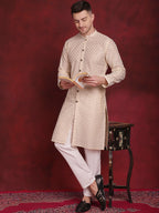 Jompers Men's Sequin Chikankari Front Open Kurta - Golden